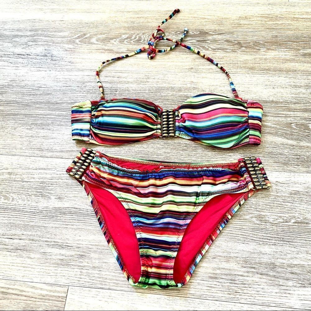 Becca multi color stripe bikini with brass hardware